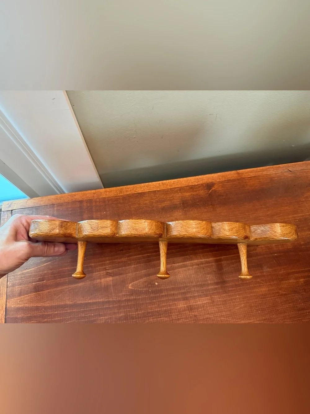 Vintage Handmade Triple Heart Wooden Peg Rack Folk Art Live Oak FL